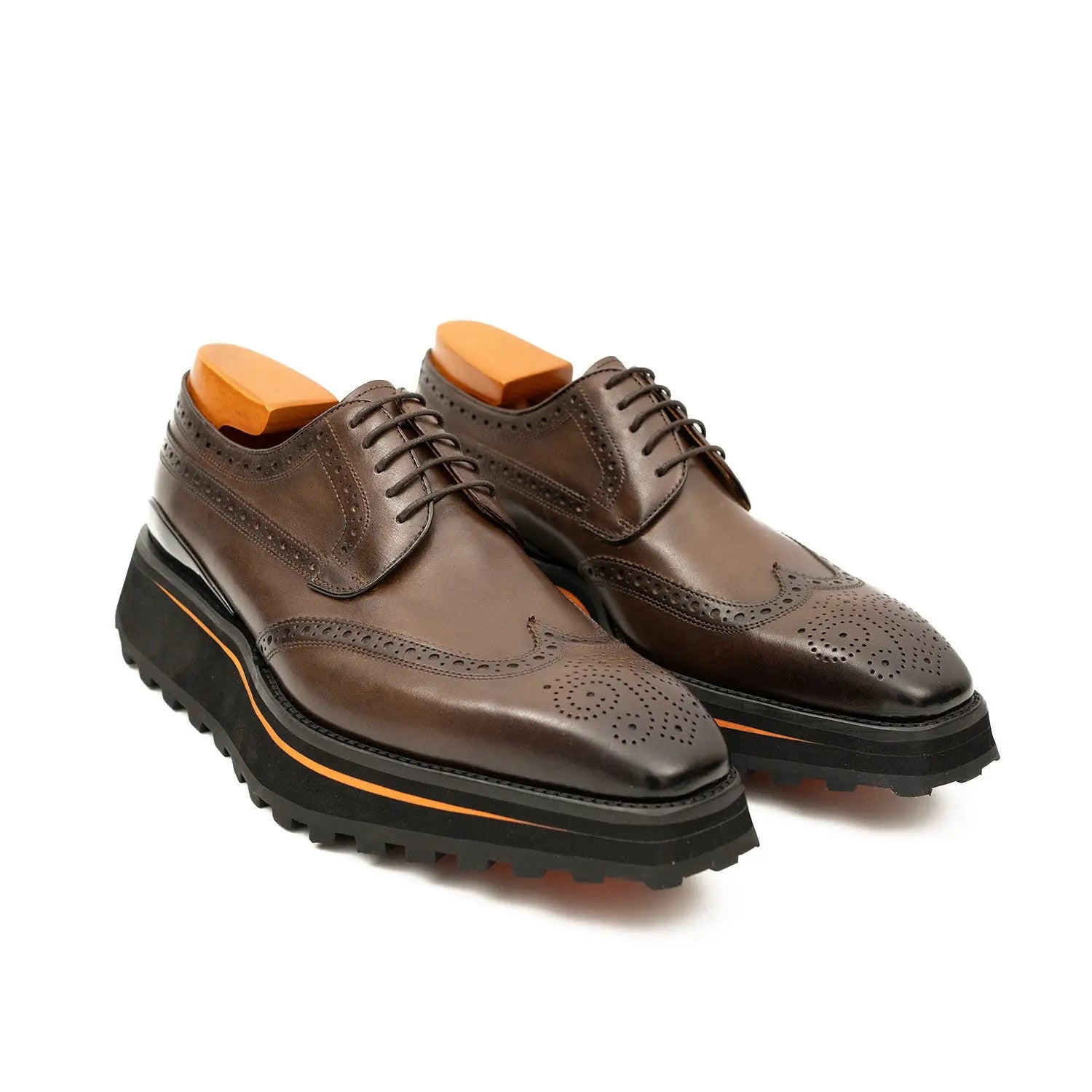 Thick-soled calfskin formal brogue derby shoes coffee Divinch