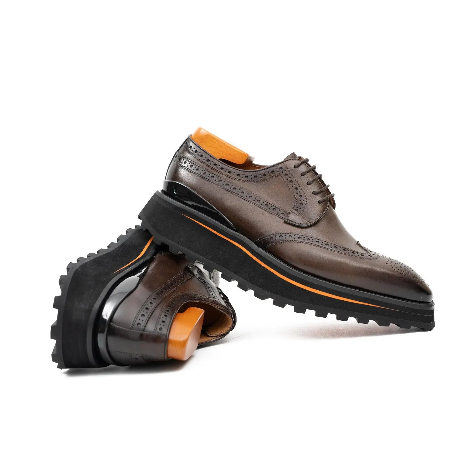Thick-soled calfskin formal brogue derby shoes coffee Divinch