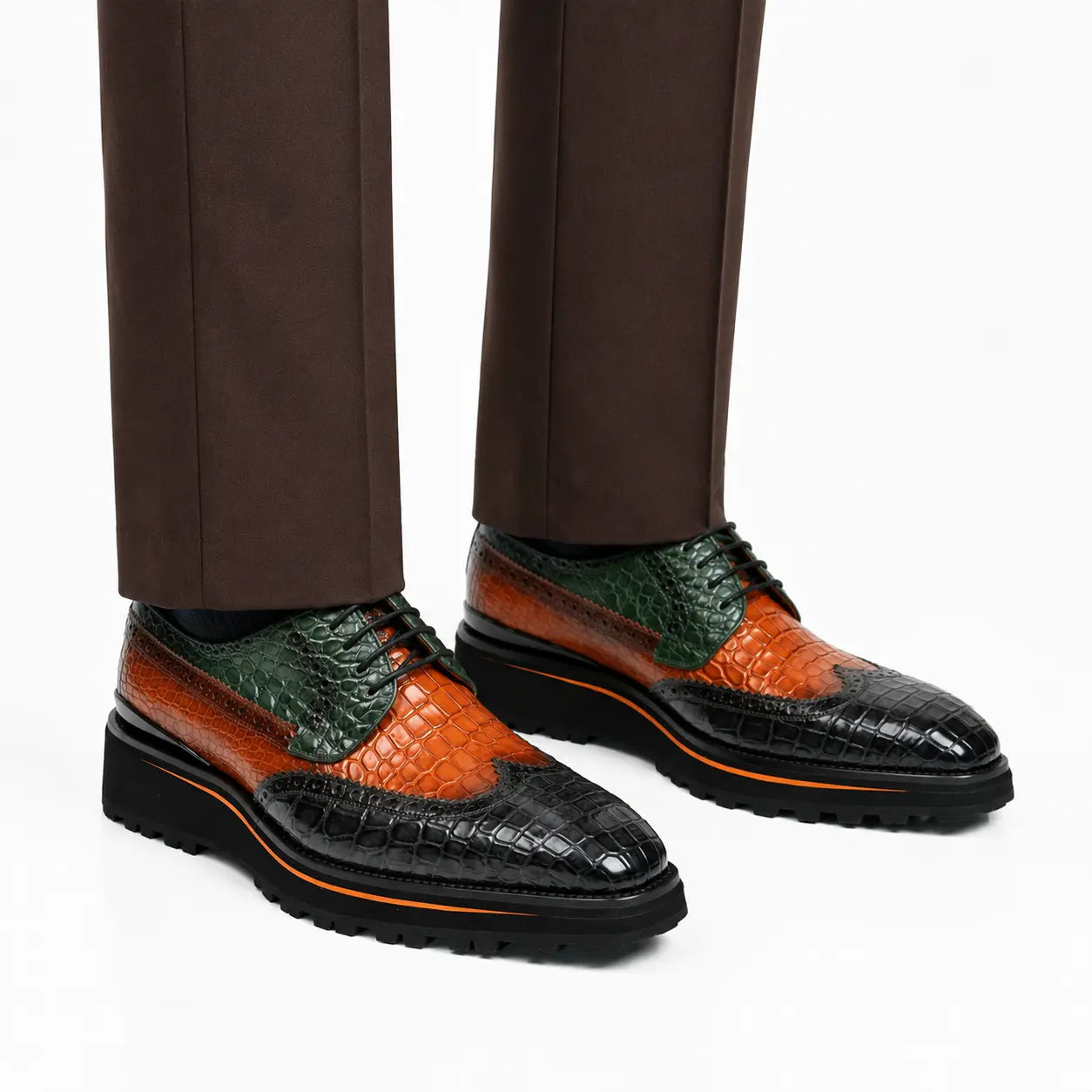 Tri-Tone Crocodile Wingtip Lug Derby