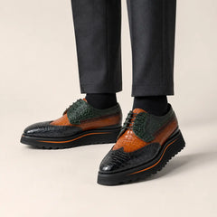 Tri-Tone Crocodile Wingtip Lug Derby — on-foot studio view