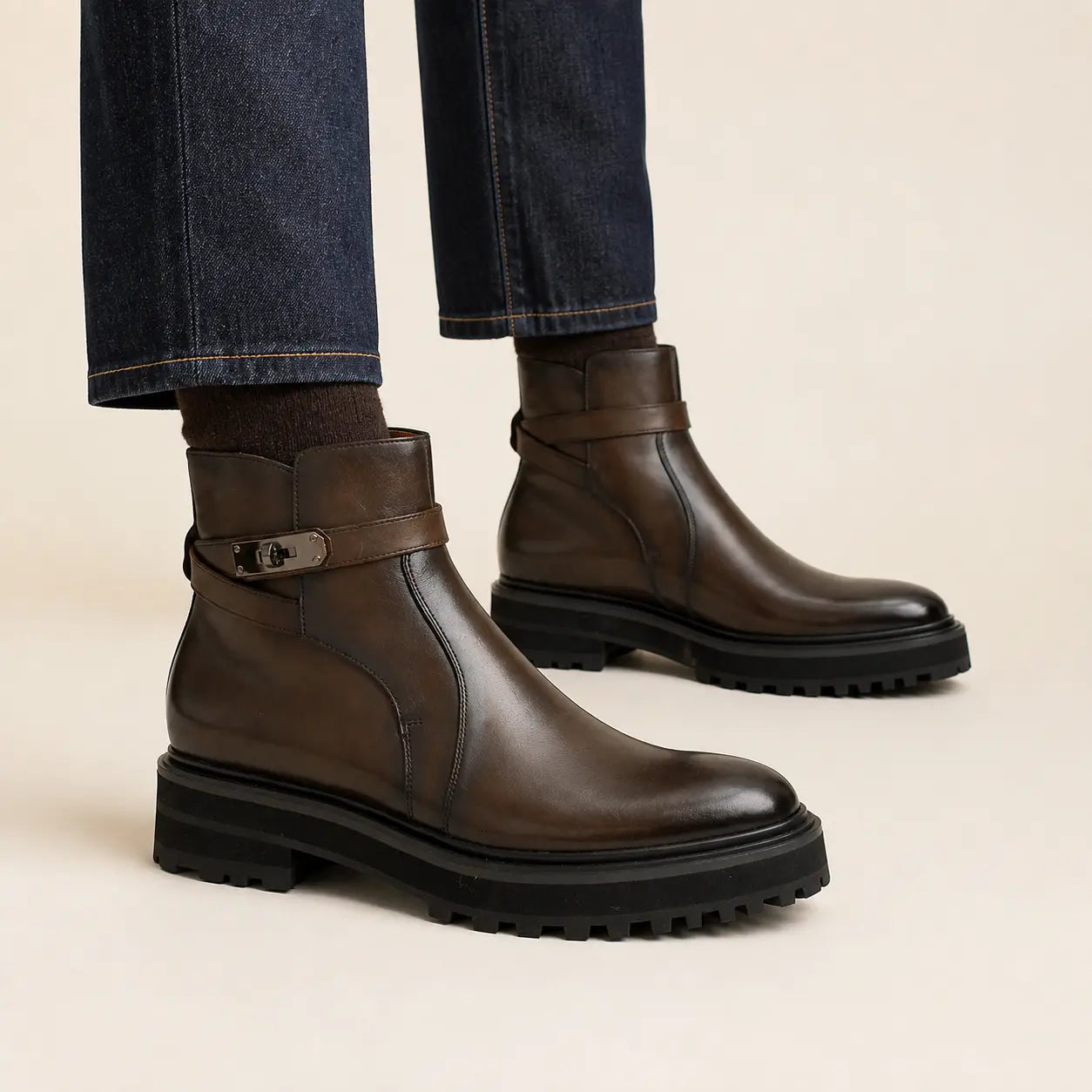 DIVINCH walnut strap Chelsea boot on foot — warm studio side profile