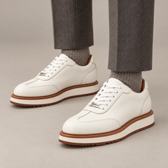 DIVINCH ivory white platform apron-toe lace-up shoe on foot in warm studio