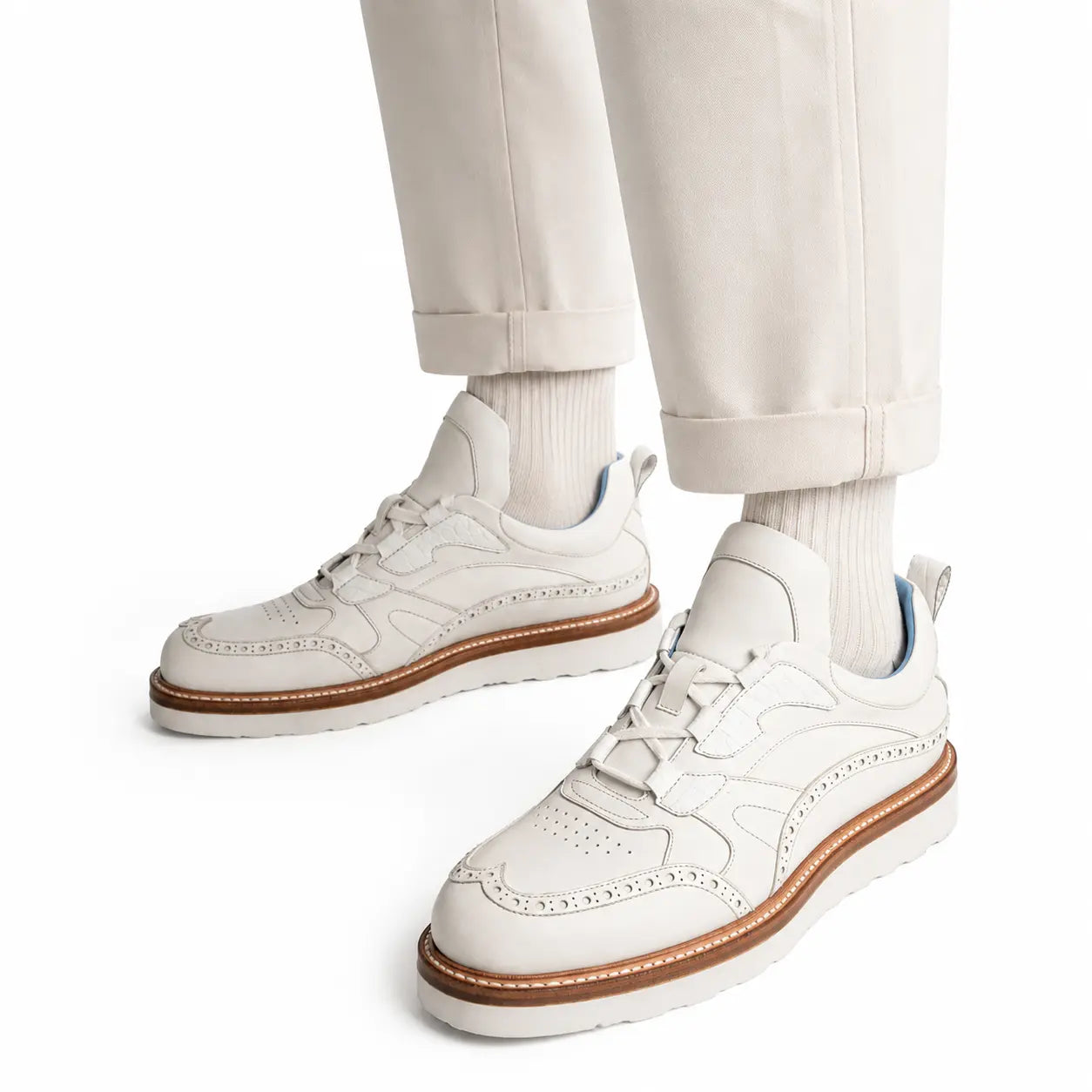 Weiße Krokodilleder-Details Brogue-Sneaker