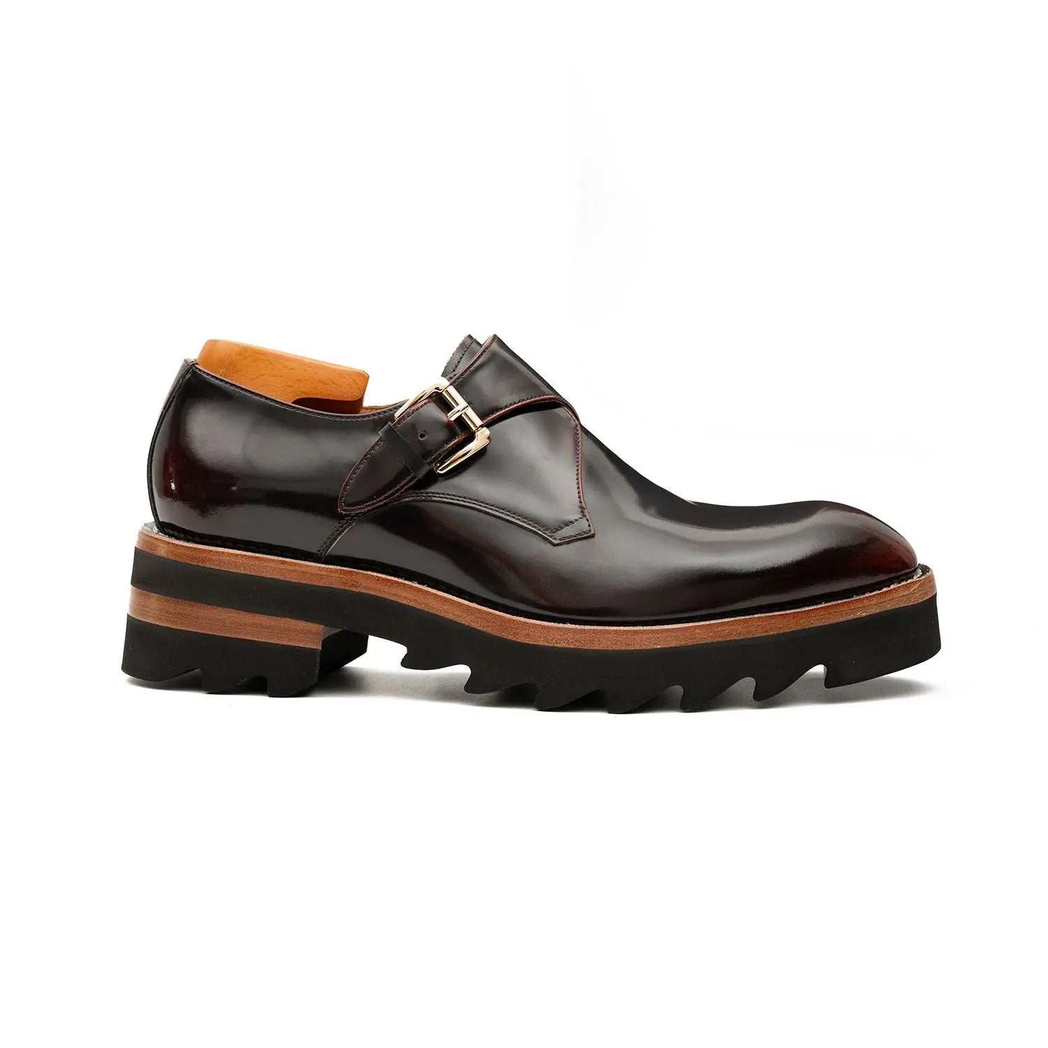 Wine Red Leather Monk Strap Shoes with Chunky Soles DIVINCH