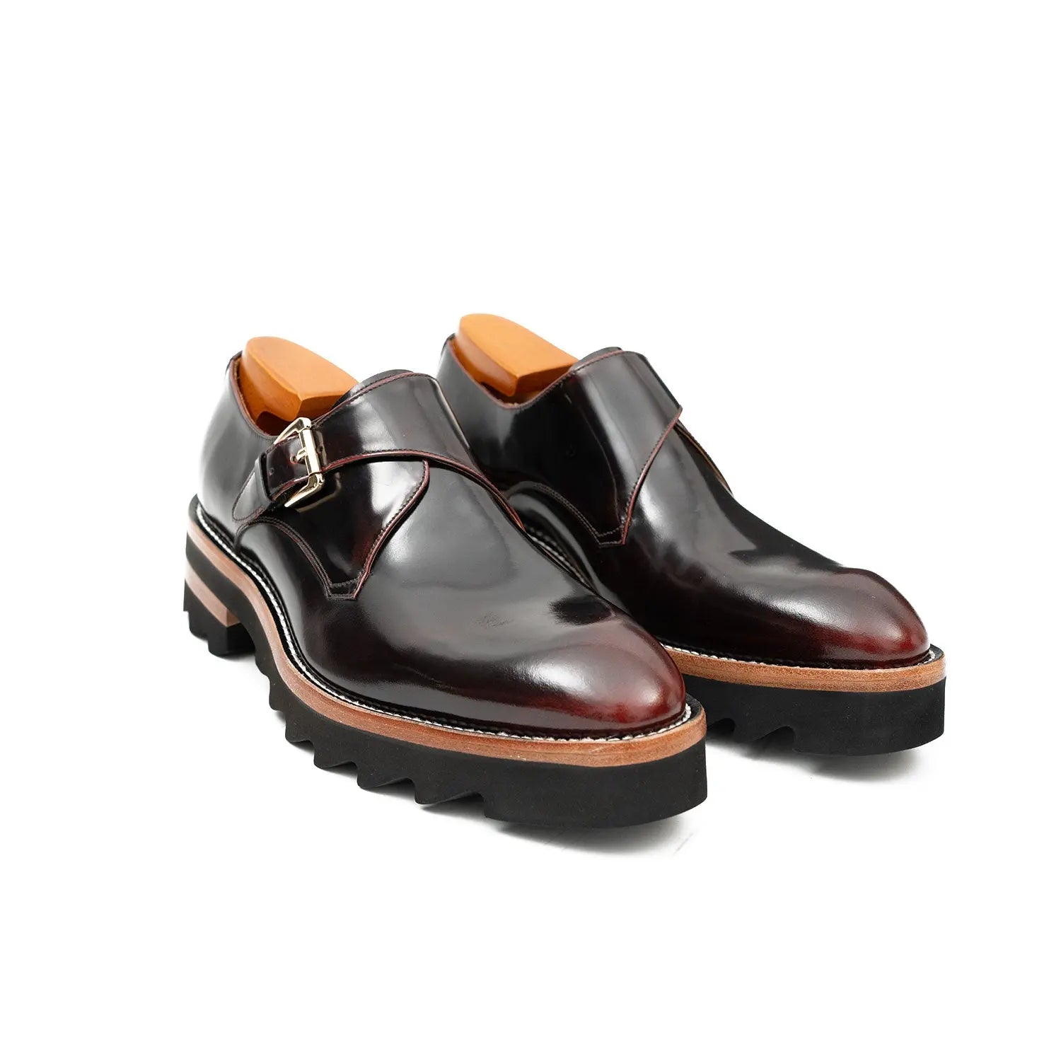 Wine Red Leather Monk Strap Shoes with Chunky Soles DIVINCH
