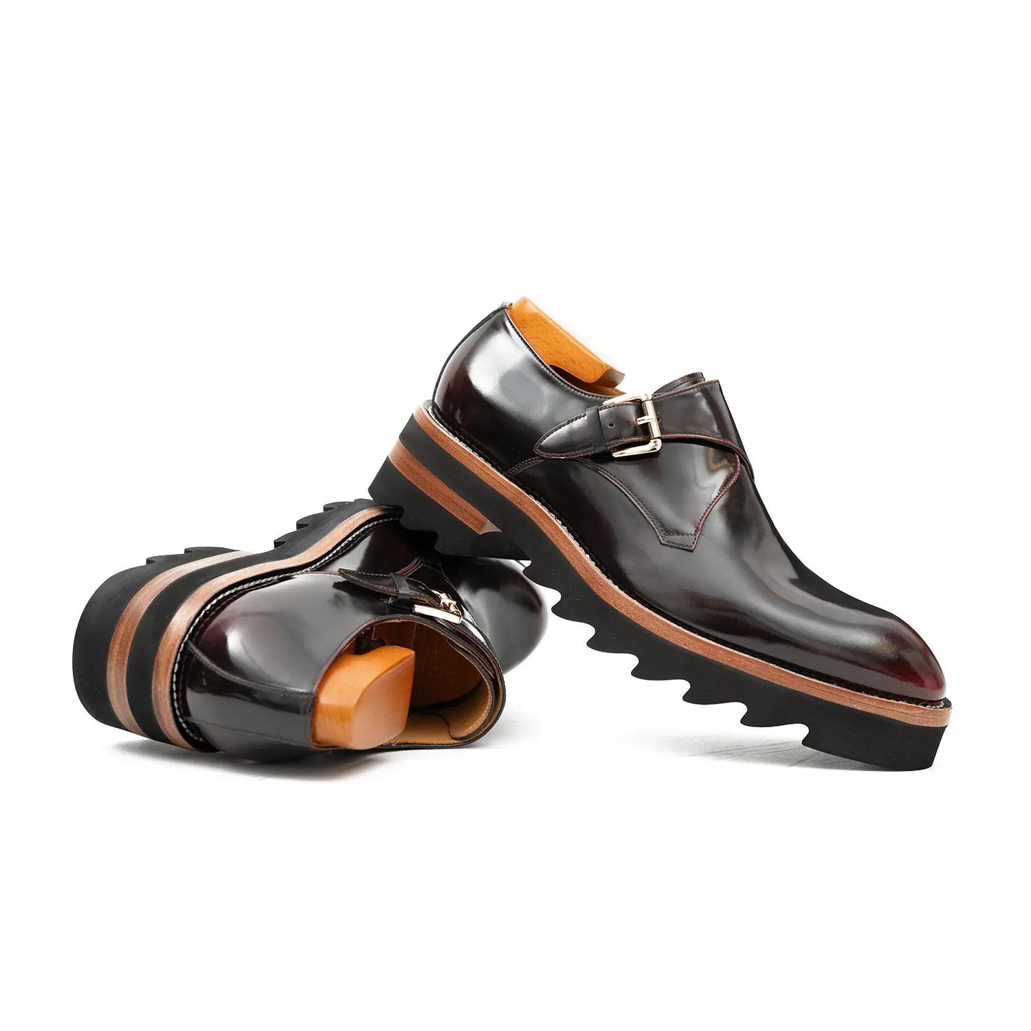 Wine Red Leather Monk Strap Shoes with Chunky Soles DIVINCH