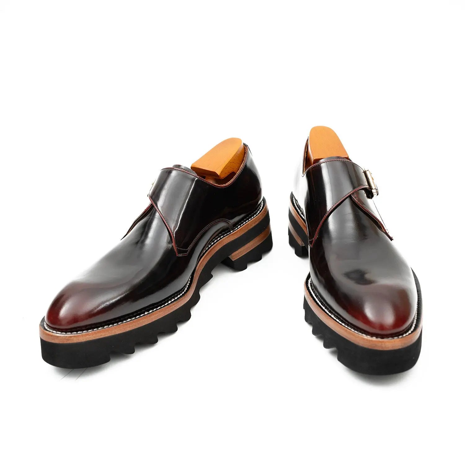 Wine Red Leather Monk Strap Shoes with Chunky Soles DIVINCH