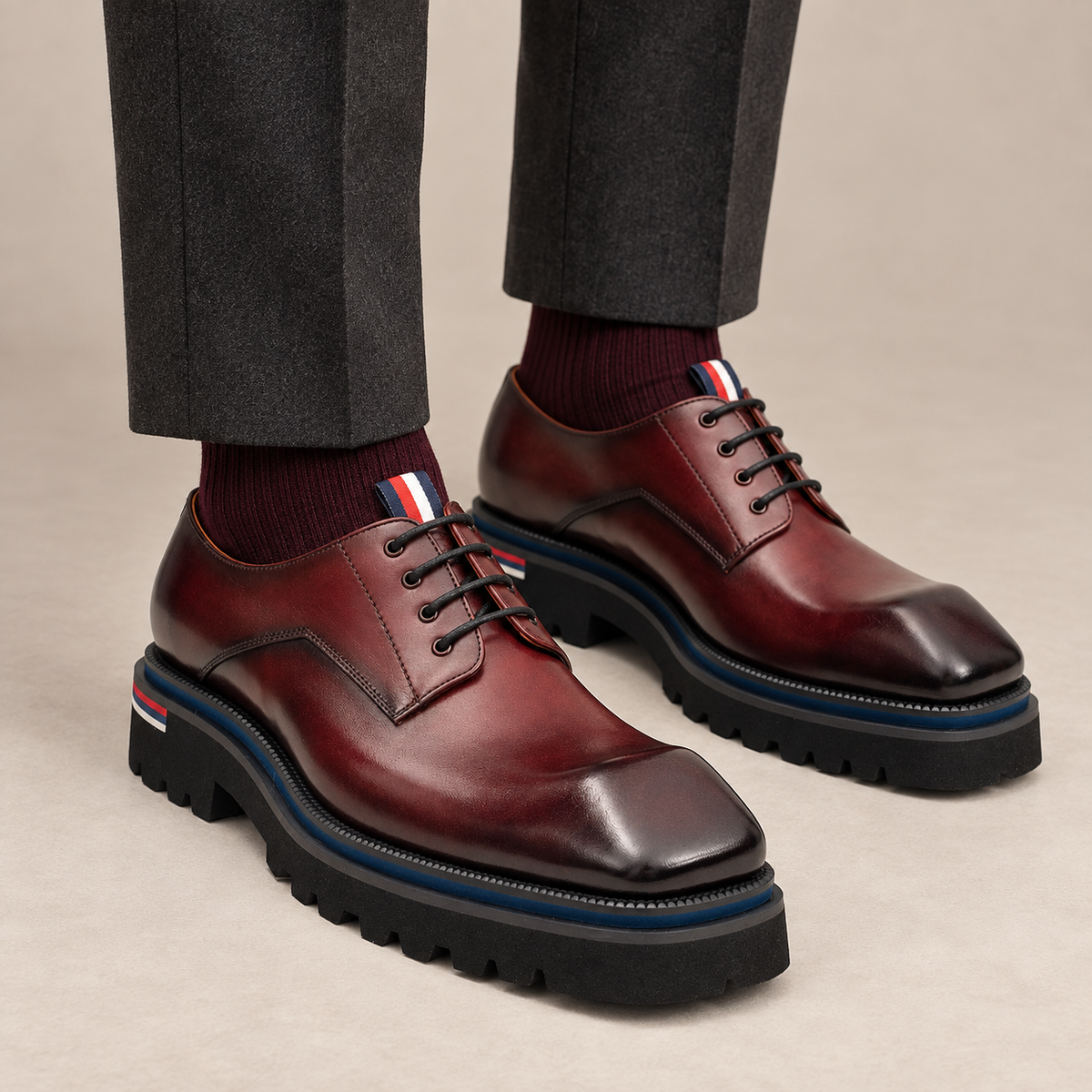 Burgundy square-toe Derby shoes with pull tab on model lower legs, DIVINCH 2895A