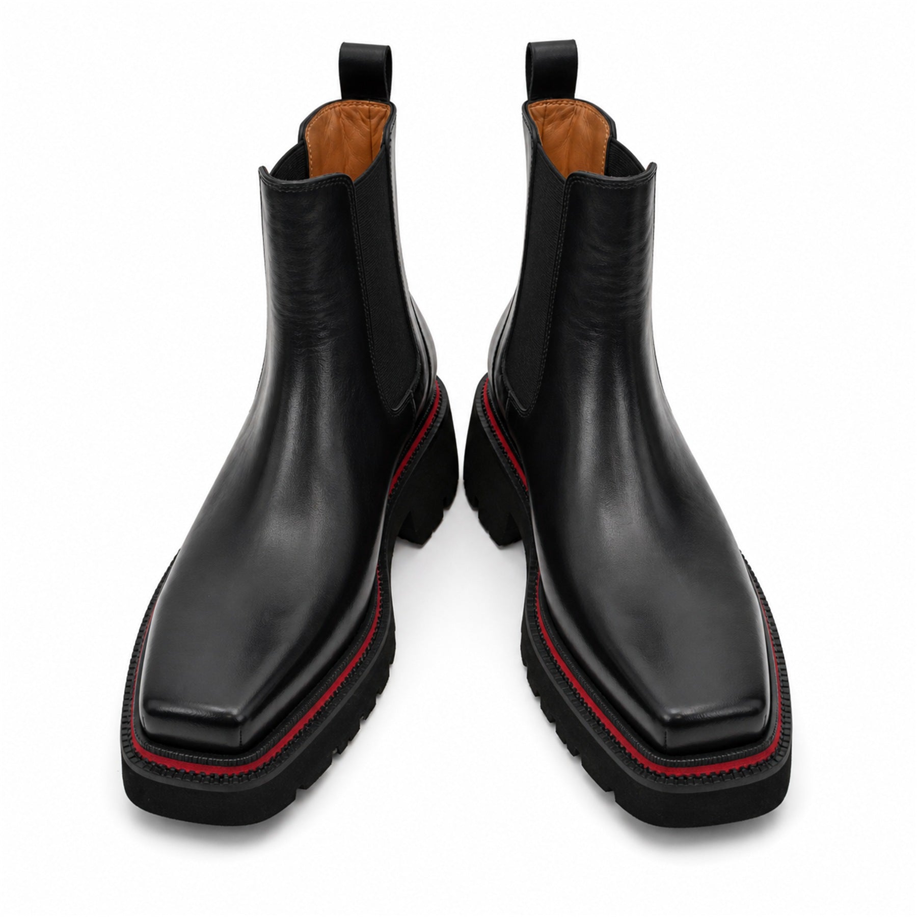 DIVINCH 5036B black lug sole Chelsea boots white background front pair view