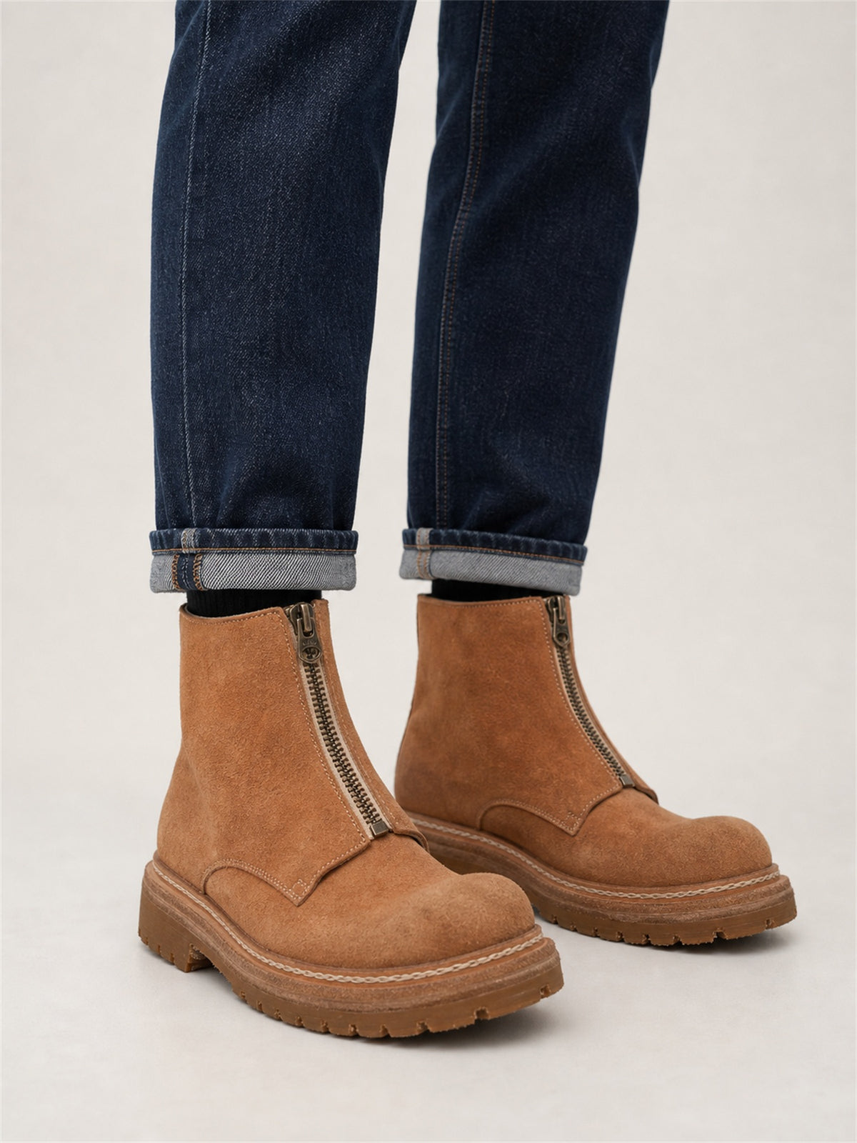 Camel Suede Zip Ankle Boots for Men outfit scenario