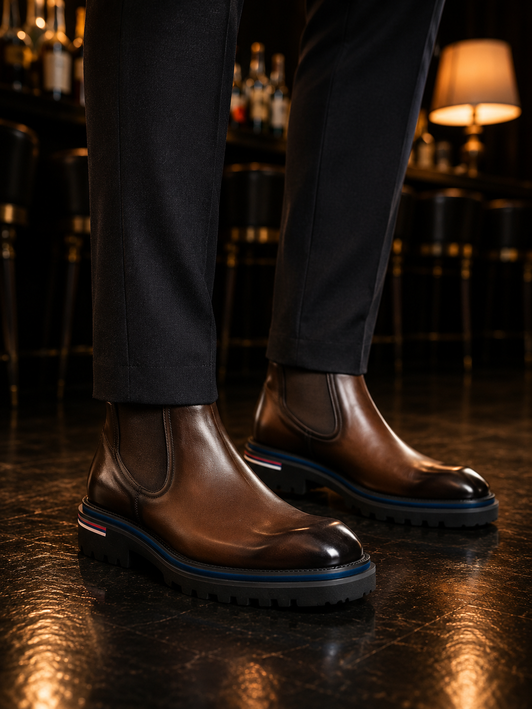 Stivali Chelsea in pelle di vitello color cognac outfit scenario
