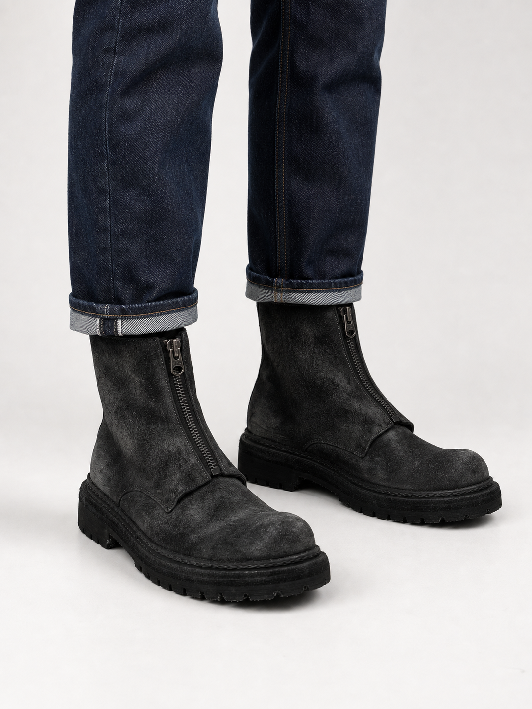 Charcoal Black Suede Zip Boots for Men outfit scenario