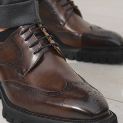 Koyu Kahverengi Wingtip İnek Derisi Derby Ayakkabı