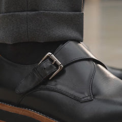 Black Plain-Toe Calf Leather Monk Shoes