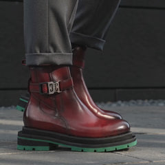 Bottines à boucle en cuir de veau bordeaux à bout uni