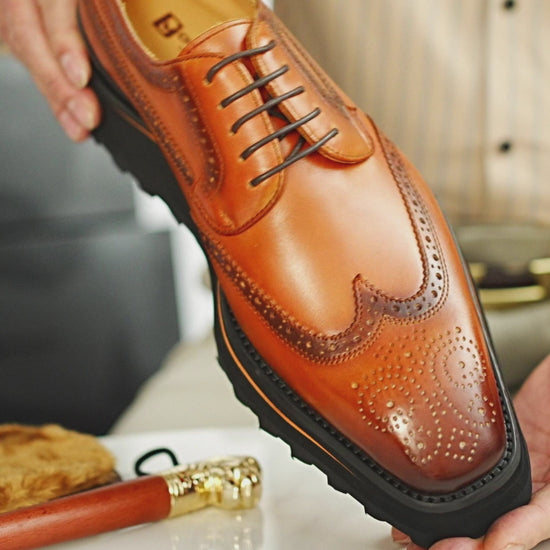 Thick-soled calfskin formal brogue derby shoes Brown